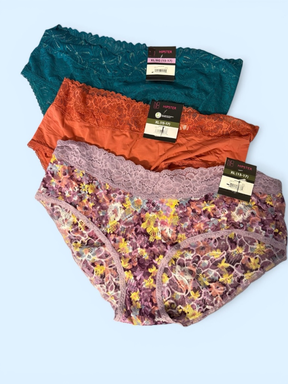 NOBO 3-Pack Lace Hipster Panties - Teal, Rust & Lavender Floral